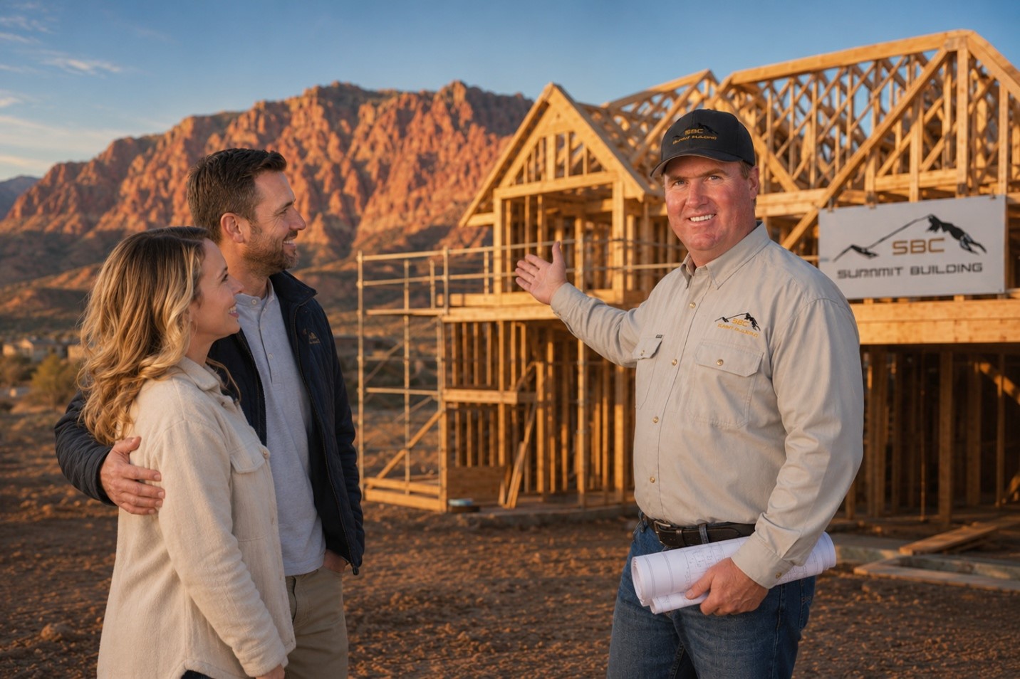 Summit Building Construction owner Benjamin Barlow reviewing construction plans with clients in Cedar City, Utah.