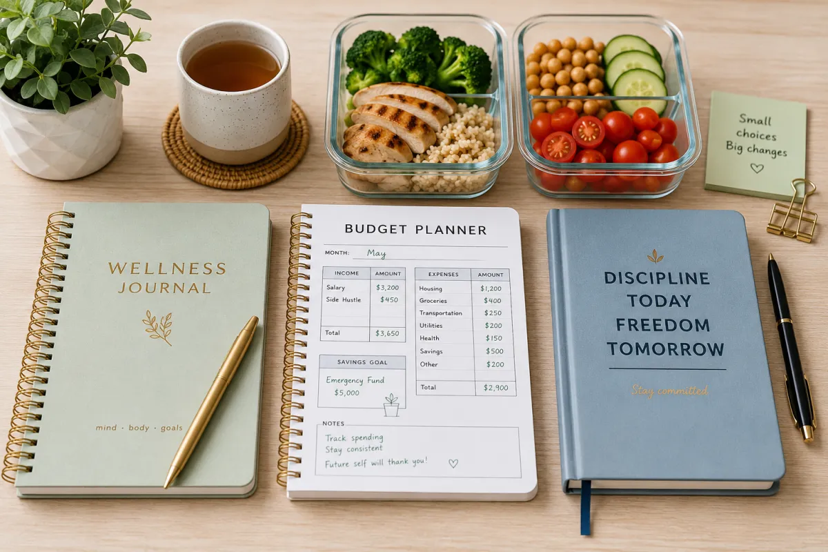 A clean organized workspace with a wellness journal, healthy meal prep containers, and a budget planner side by side