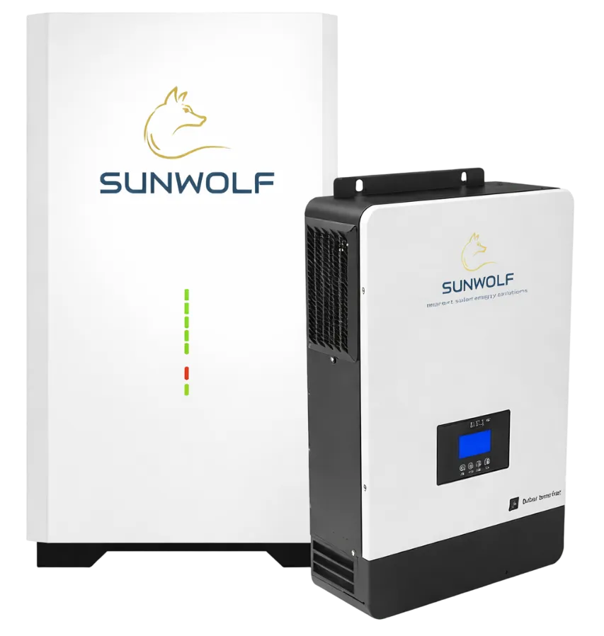 Studio product shot: SunWolf HelioPack unit front-quarter view on white isolation, showing ports and branding.