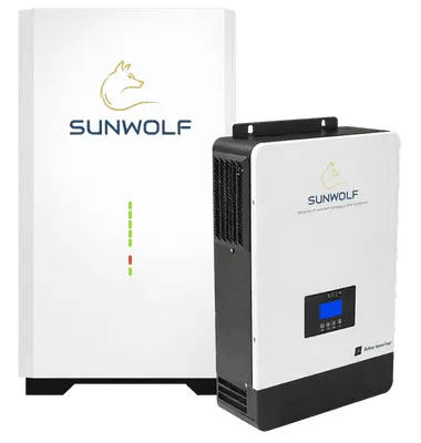 Studio product shot: SunWolf HelioPack unit front-quarter view on white isolation, showing ports and branding.