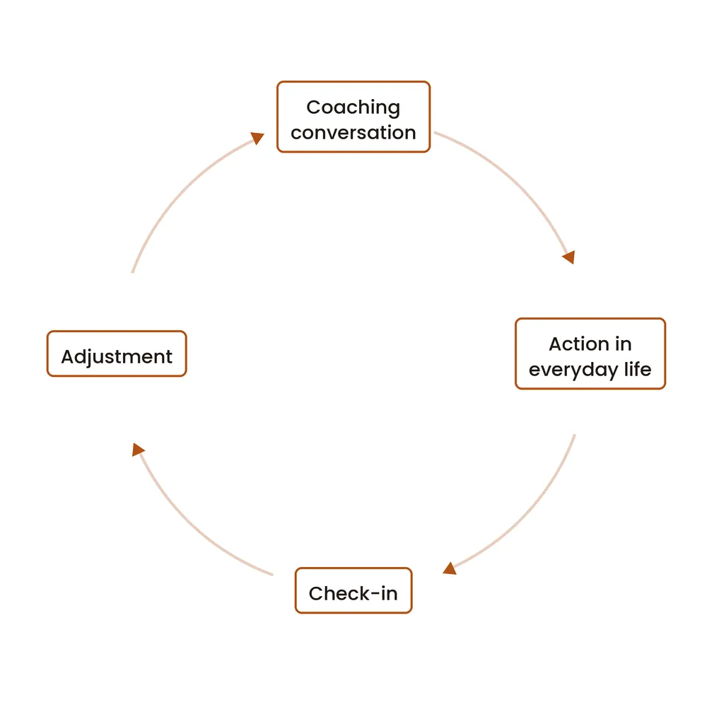 A circle of four stages: coaching conversation, action in everyday life, check-in, adjustment, and back round to the coaching conversation.
