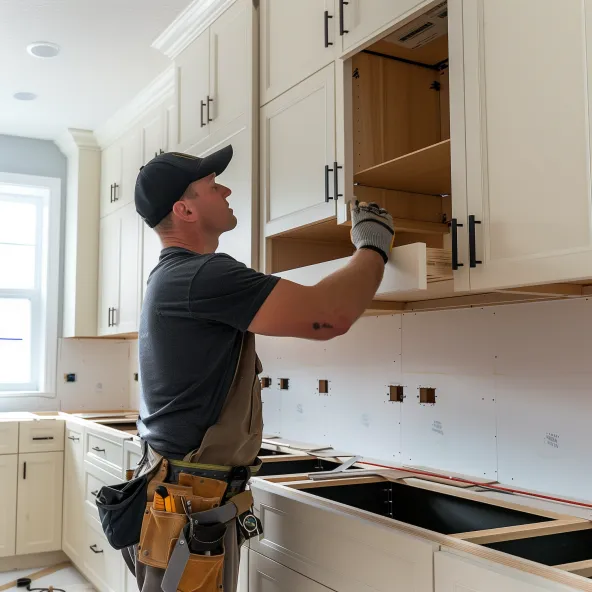 Professional handyman from Home Repair Specialist modifying a cabinet in a home in Las Vegas, NV. Expert craftsmanship and home improvement services for optimal functionality and aesthetic appeal.