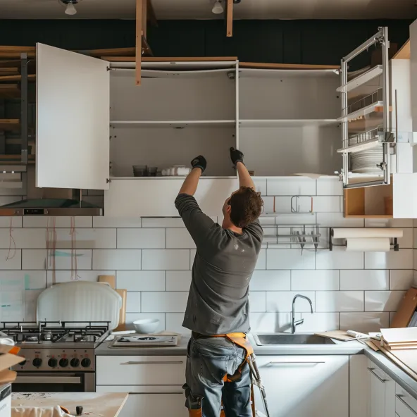 Handyman from Home Repair Specialist in Las Vegas, NV, expertly replacing a cabinet door, ensuring a perfect fit and seamless integration for a revitalized kitchen appearance.