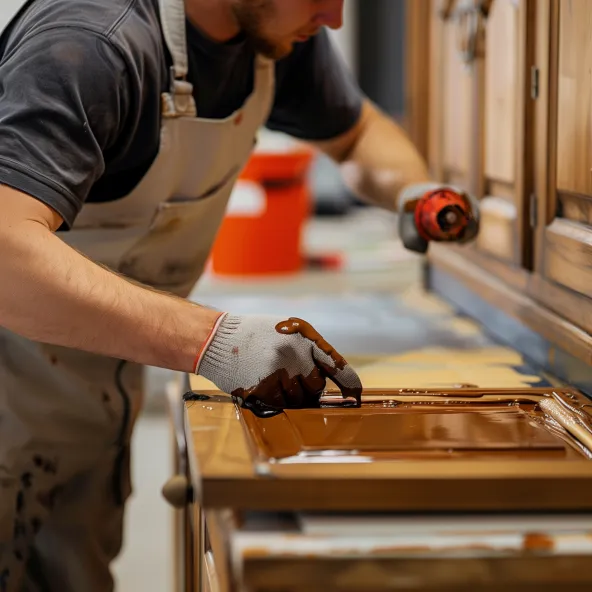 Craftsman from Home Repair Specialist in Las Vegas, NV, refinishing a wooden cabinet door, applying varnish to enhance the natural wood grain and rejuvenate its appearance. Focus on detail and quality workmanship.