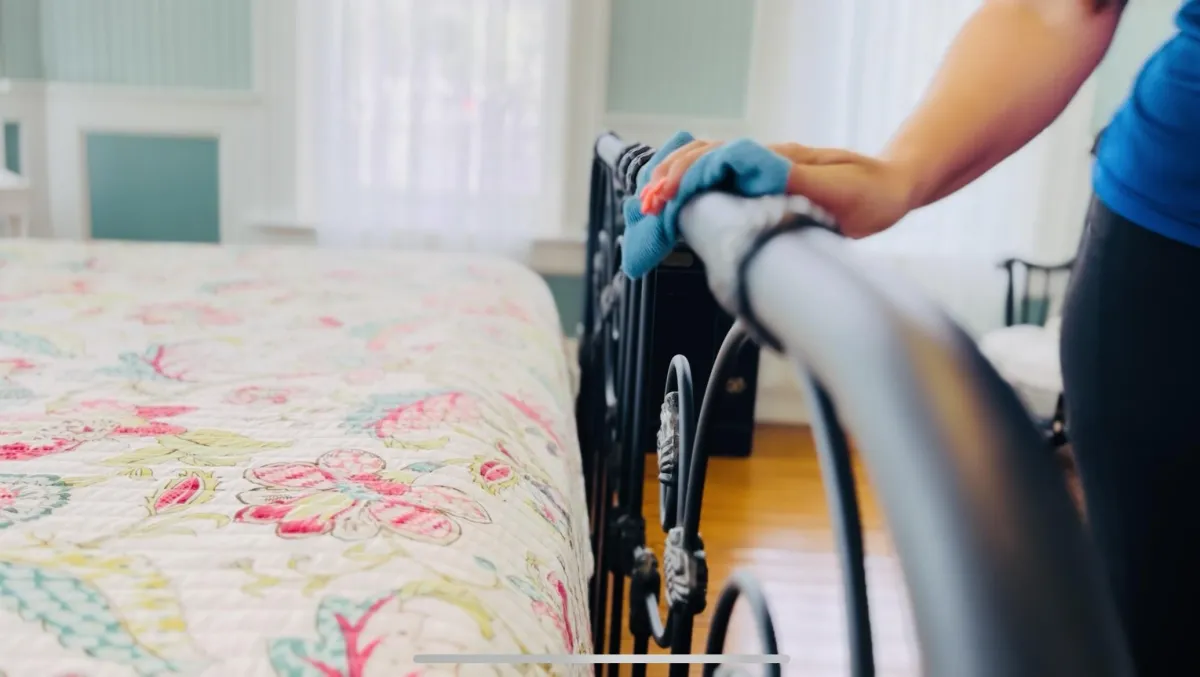 A serene, clean bedroom at a local Roanoke Rapids Airbnb.
