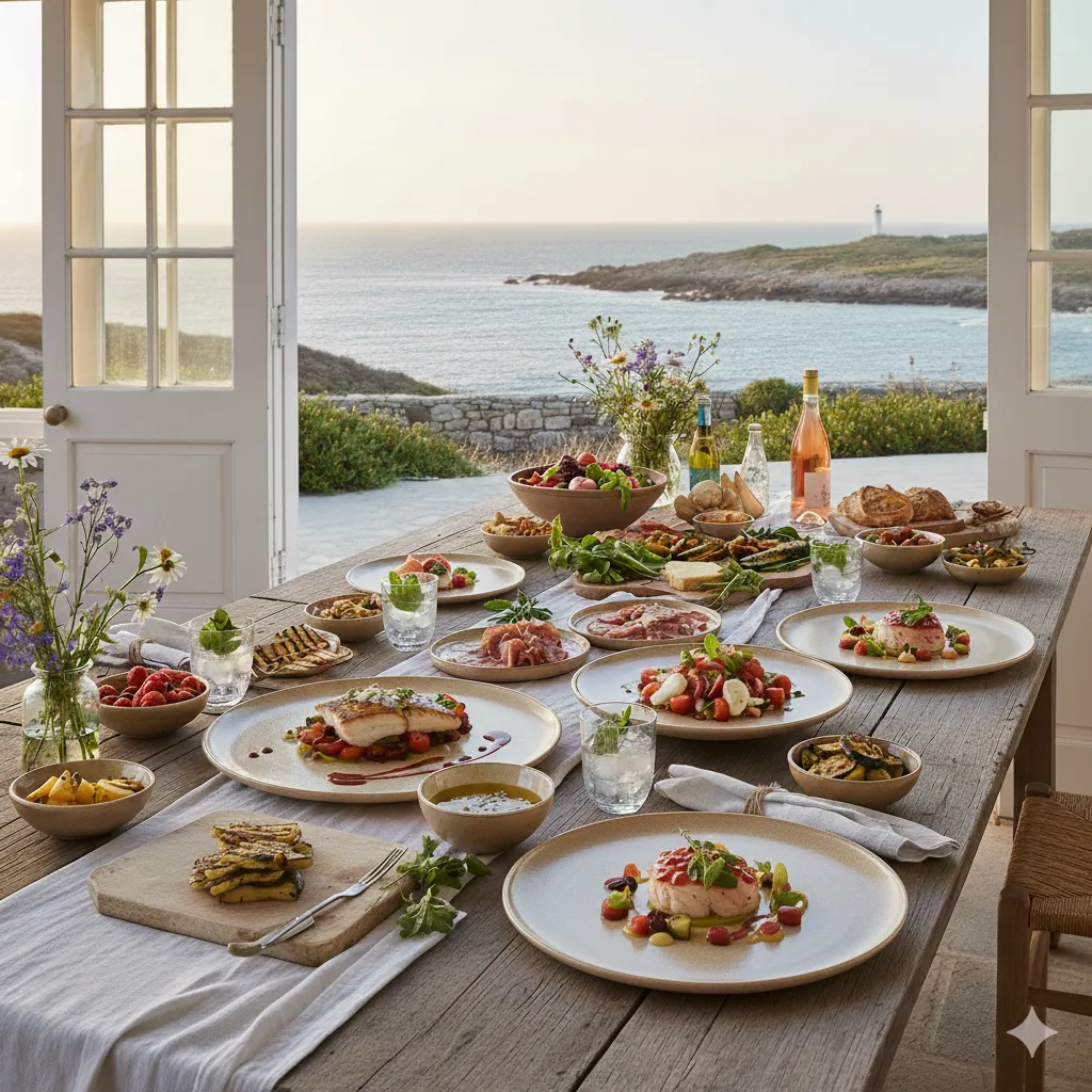 A long table set for lunch above the water on the Sunshine Coast, food by private chef Maddy Warren
