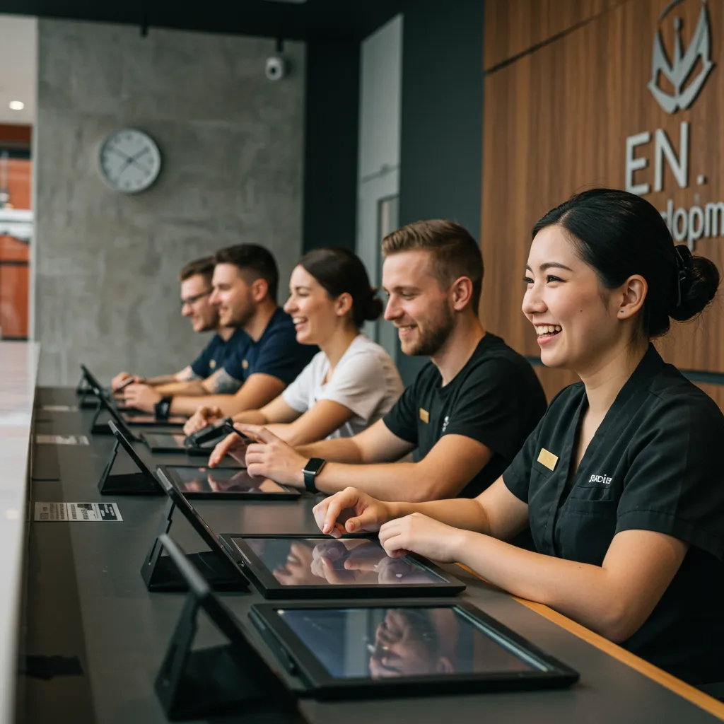 A modern, friendly AI-powered receptionist interface on a sleek tablet, with a subtle digital glow, set on a clean front desk in a bright, welcoming office lobby. The scene features no people, focusing on the technology and its inviting design.