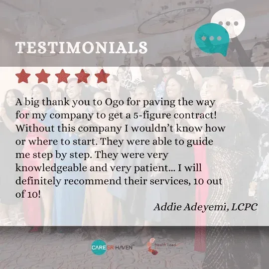 Testimonial from Addie Adeyemi, LCPC: guided step by step to a five-figure contract