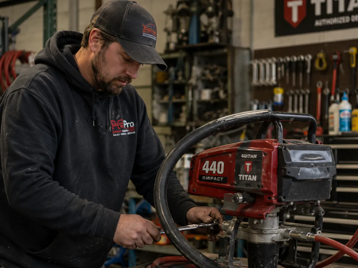 Expert technician repairing a paint sprayer in a workshop