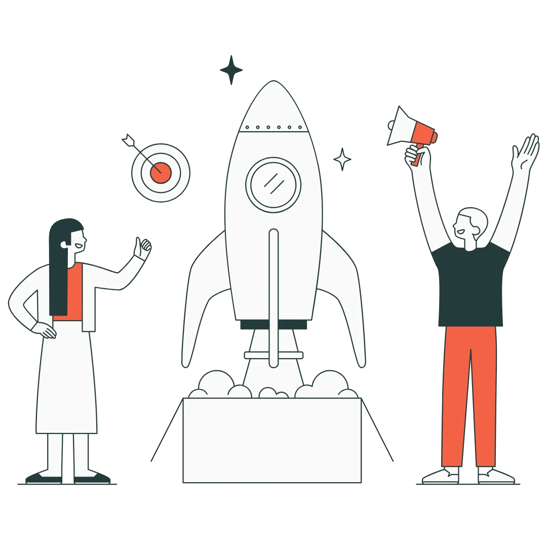Illustration showing a people cheering around a rocket to represent successful communication and marketing