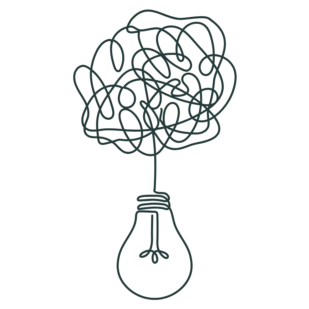 A scribbly line turning into a lightbulb representing reactive communication and marketing to clear strategy