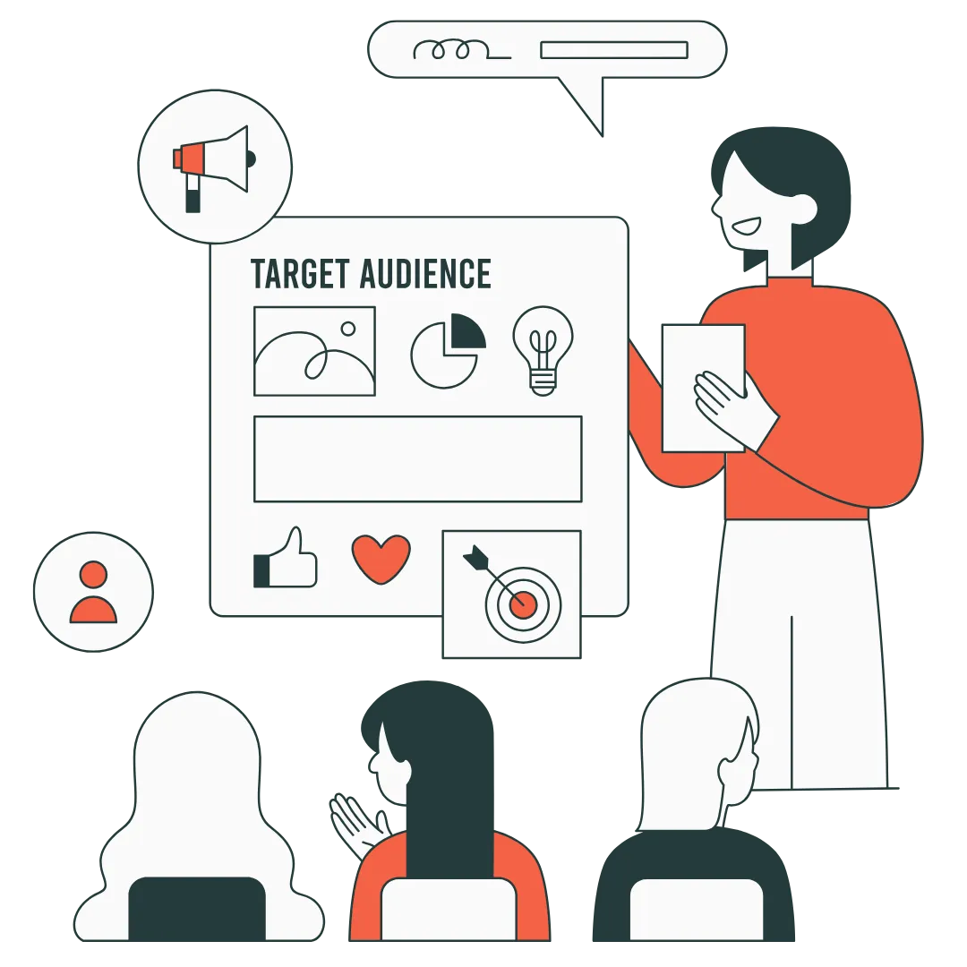 Illustration showing a person running a Resonate with People communication and marketing training class