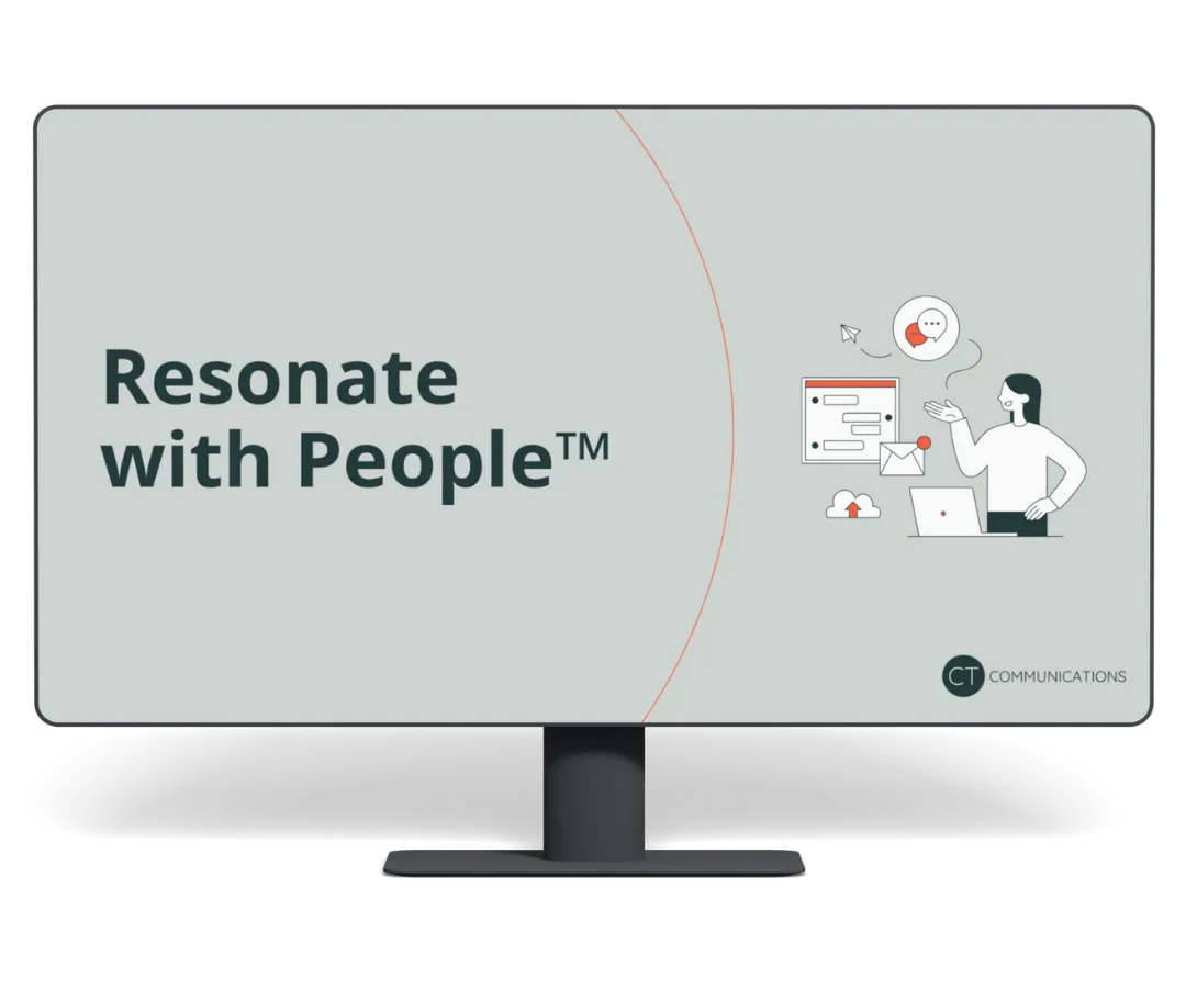monitor displaying the Resonate with People webinar slide