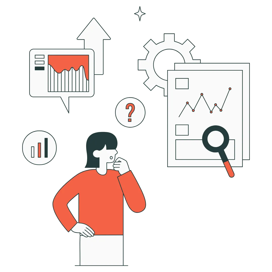 Illustration showing a person surrounded by communication and marketing plans