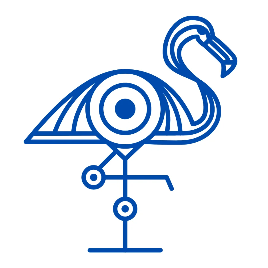 Indigo Flamingo Villa vacation home logo - a line art drawing of a blue flamingo