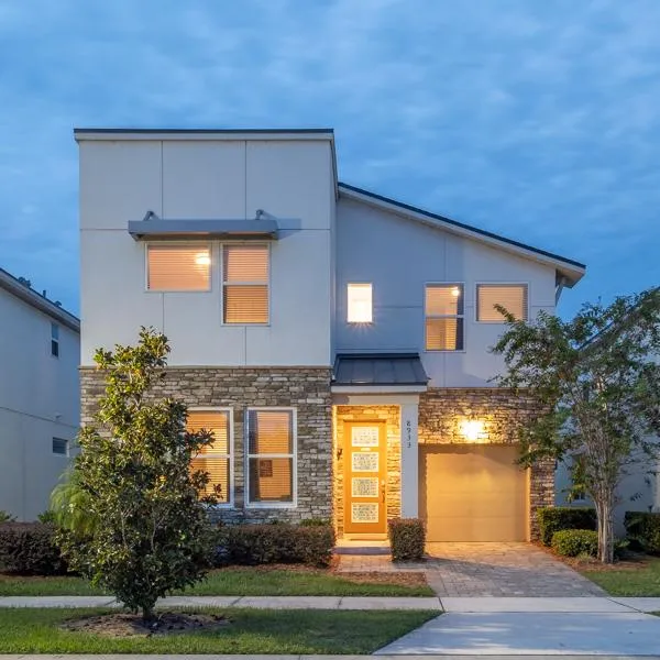 Modern vacation villa at dusk