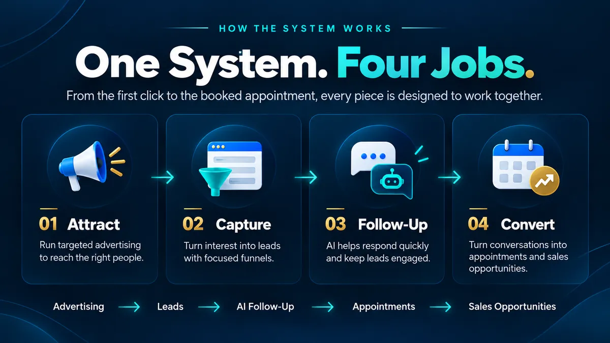 OnPurpose AI customer acquisition system showing advertising, lead capture, AI follow-up, appointments and sales opportunities