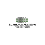 El Mirage Premium Fencing Builders logo with gray fence posts and green accents.
