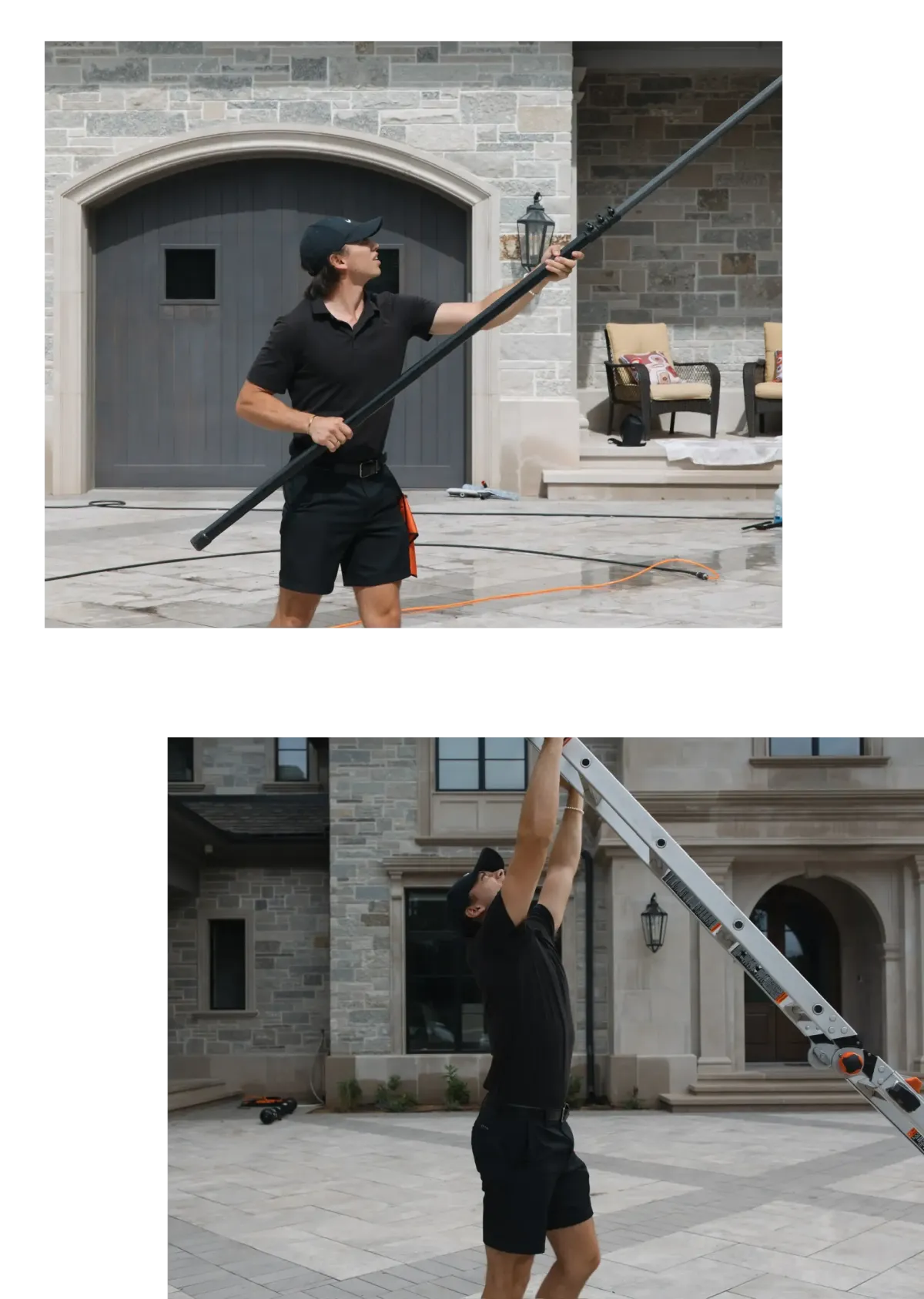 Professional window cleaner using telescopic pole to clean high residential windows at luxury stone home exterior