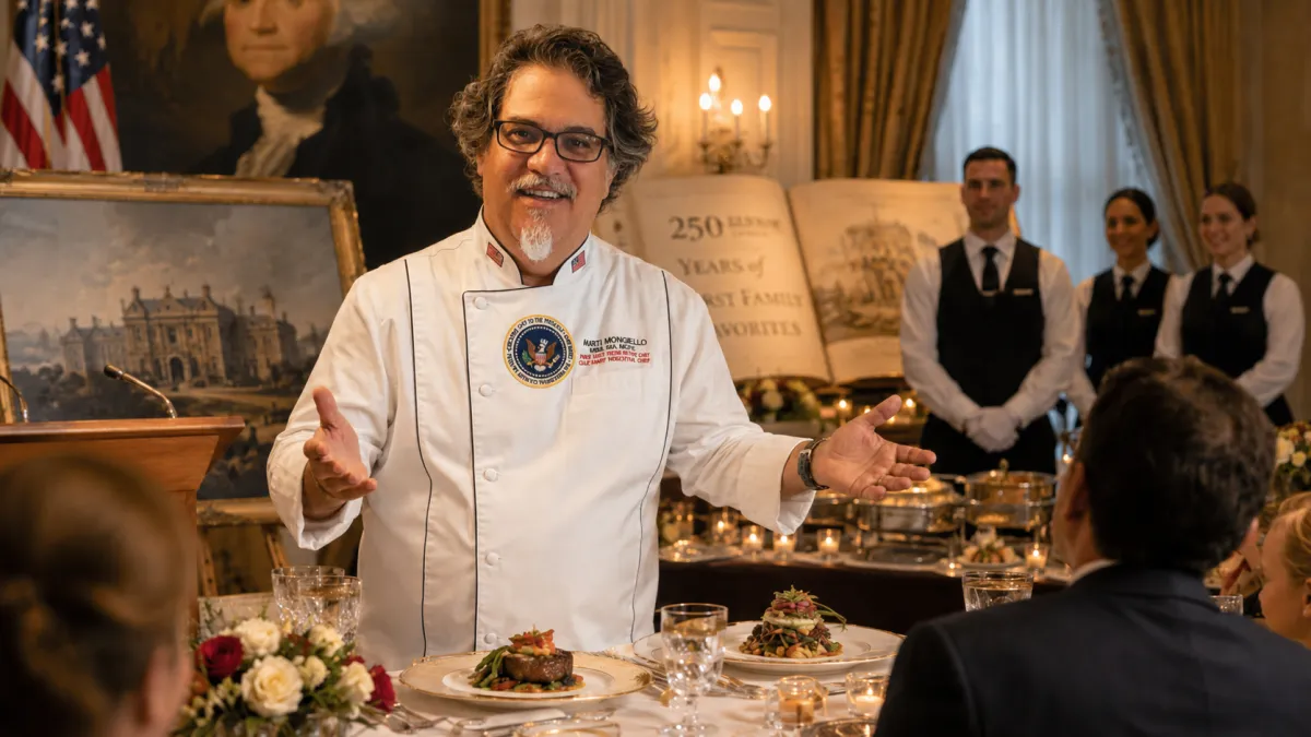Chef Marti speaks in Tokyo, Japan with a white chefs coat on.