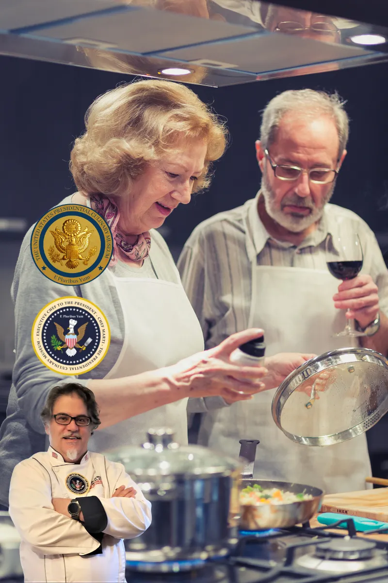 Chef Marti's cooking class Is featured with students enjoying cooking and wine.