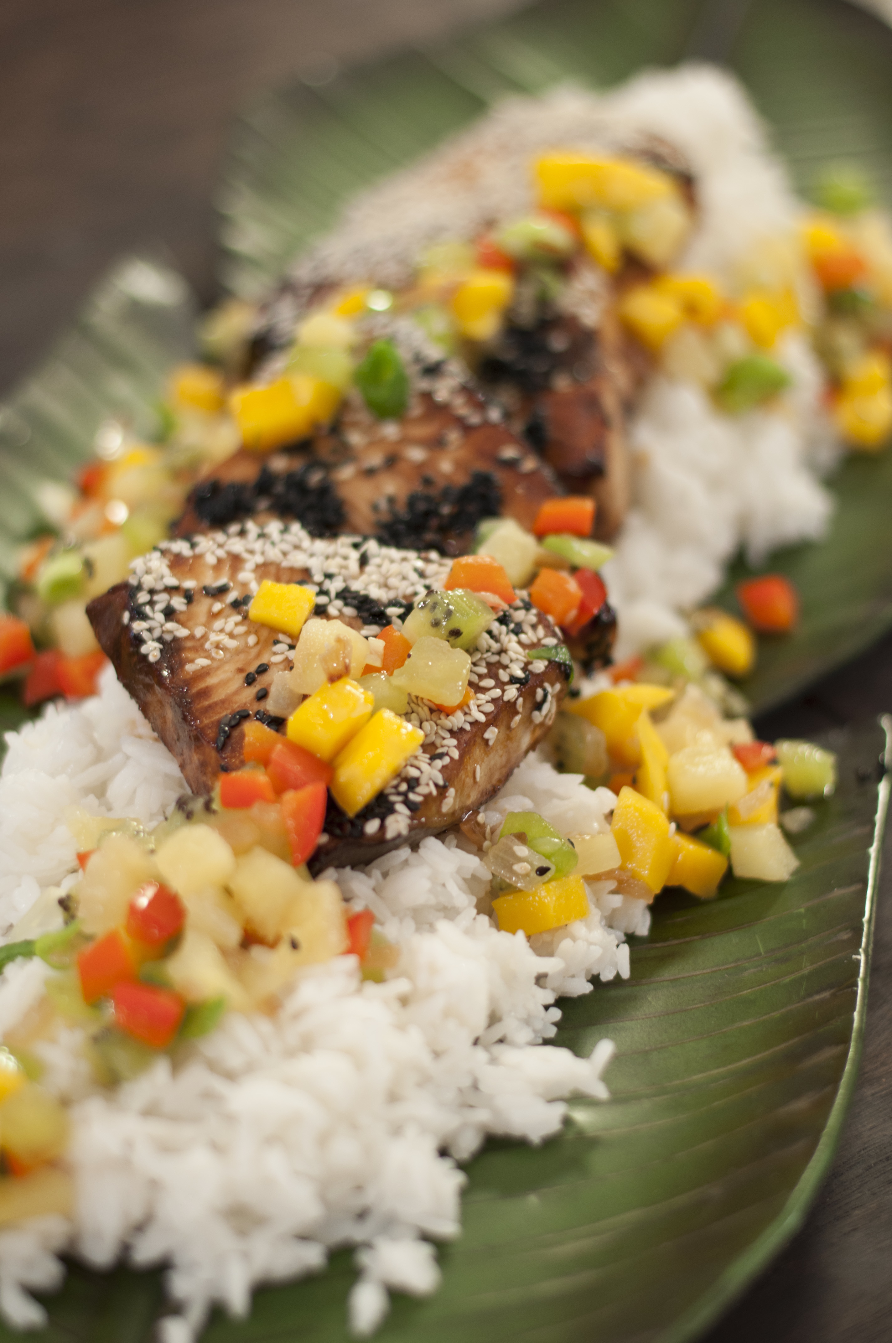 Swordfish on Jasmine Rice with Polynesian Salsa