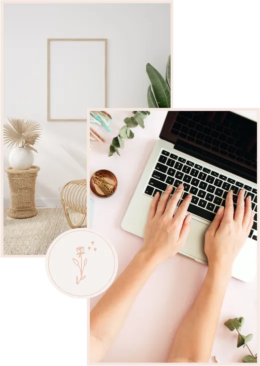 one image with a hand on the laptop and the other image with a boho-styled living room
