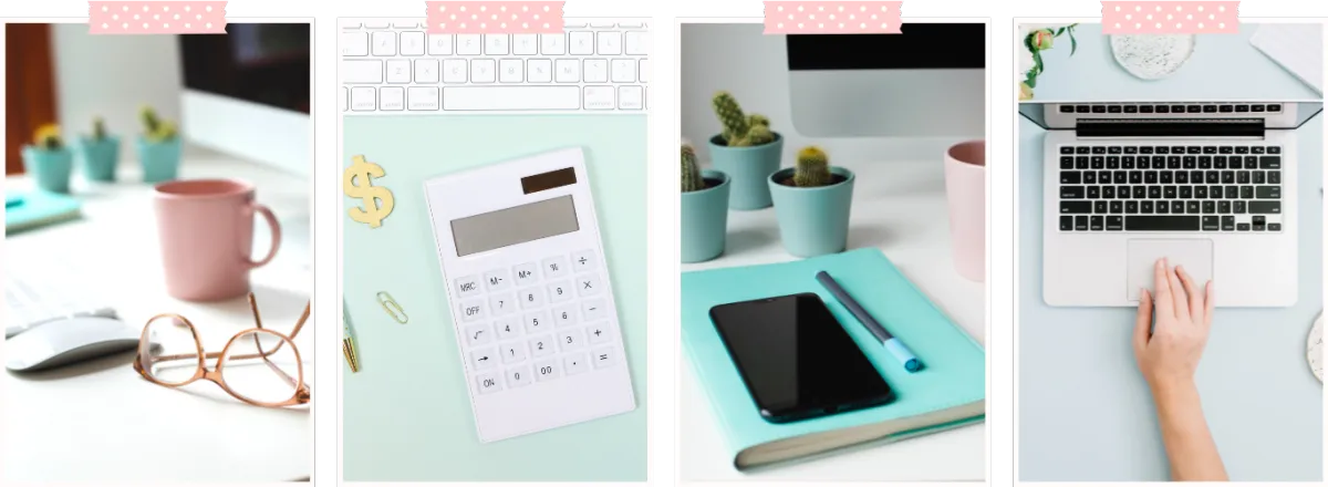 Four images showing a workspace, calculator, phone and notebook, and laptop