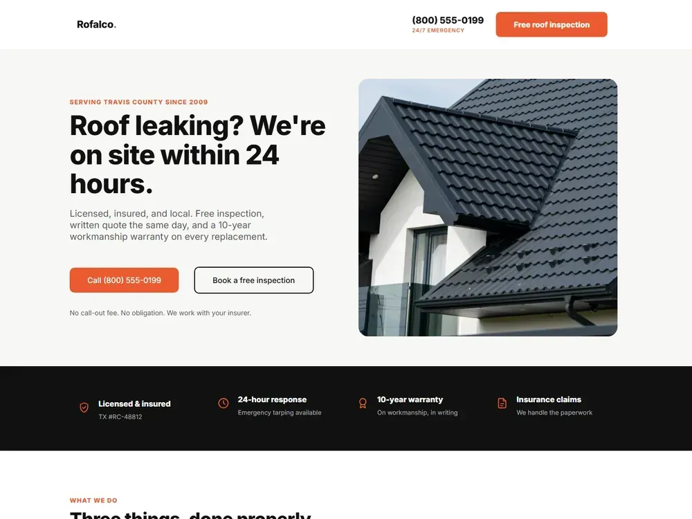 The same roofing page rebuilt in GHL — hero area after
