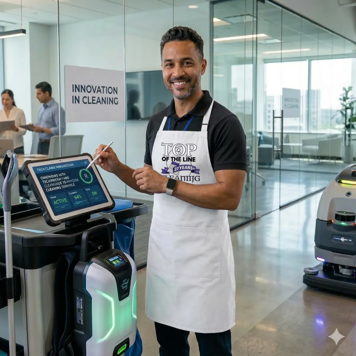 Representation of our Cleaner embracing New technology and Innovation in Professional Cleaning Services