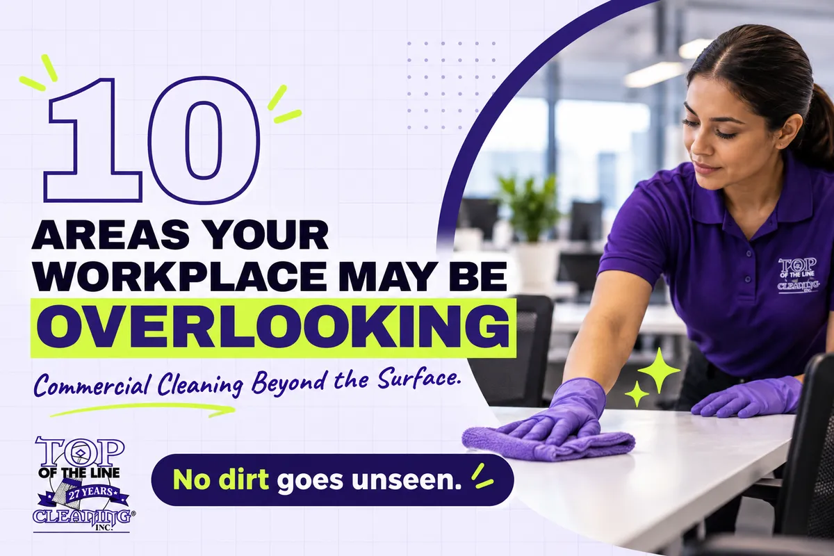 Top of the Line cleaner in a purple uniform wiping an office desk, with the title 10 Areas Your Workplace May Be Overlooking