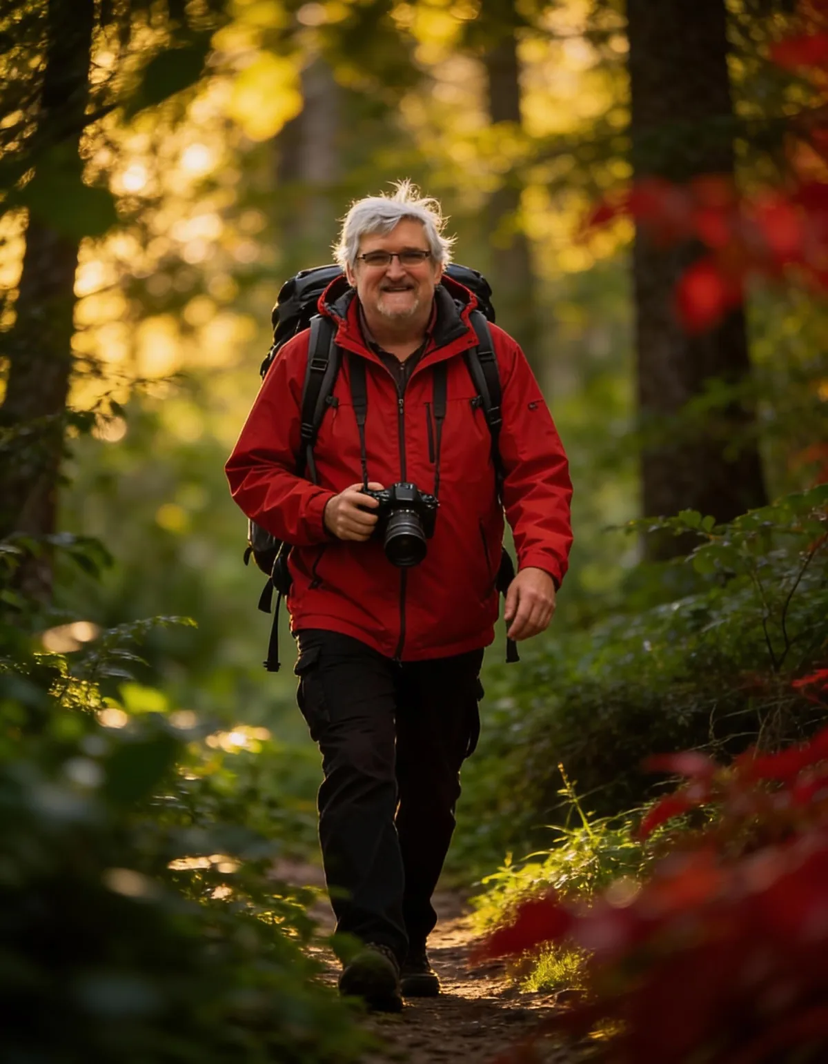 James A. Truett, Artist, walking in woodland.