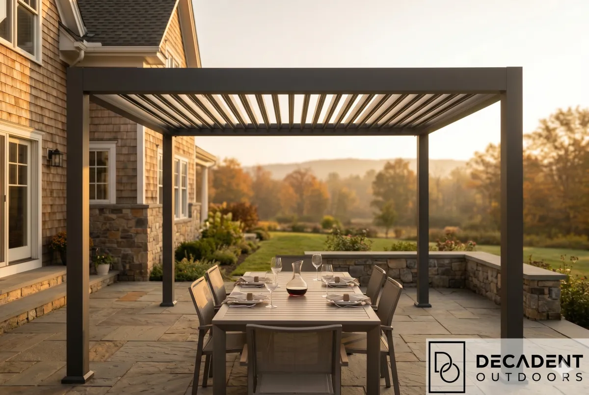 A StruXure motorized louvered pergola with louvers partially open over an outdoor dining space at a Capital Region home in late afternoon light