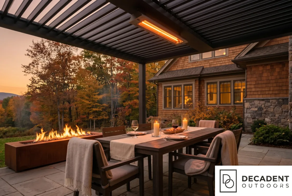 A four-season outdoor living space under a motorized louvered pergola in the Capital Region of New York β October evening with fire feature, radiant heating, and autumn foliage visible.