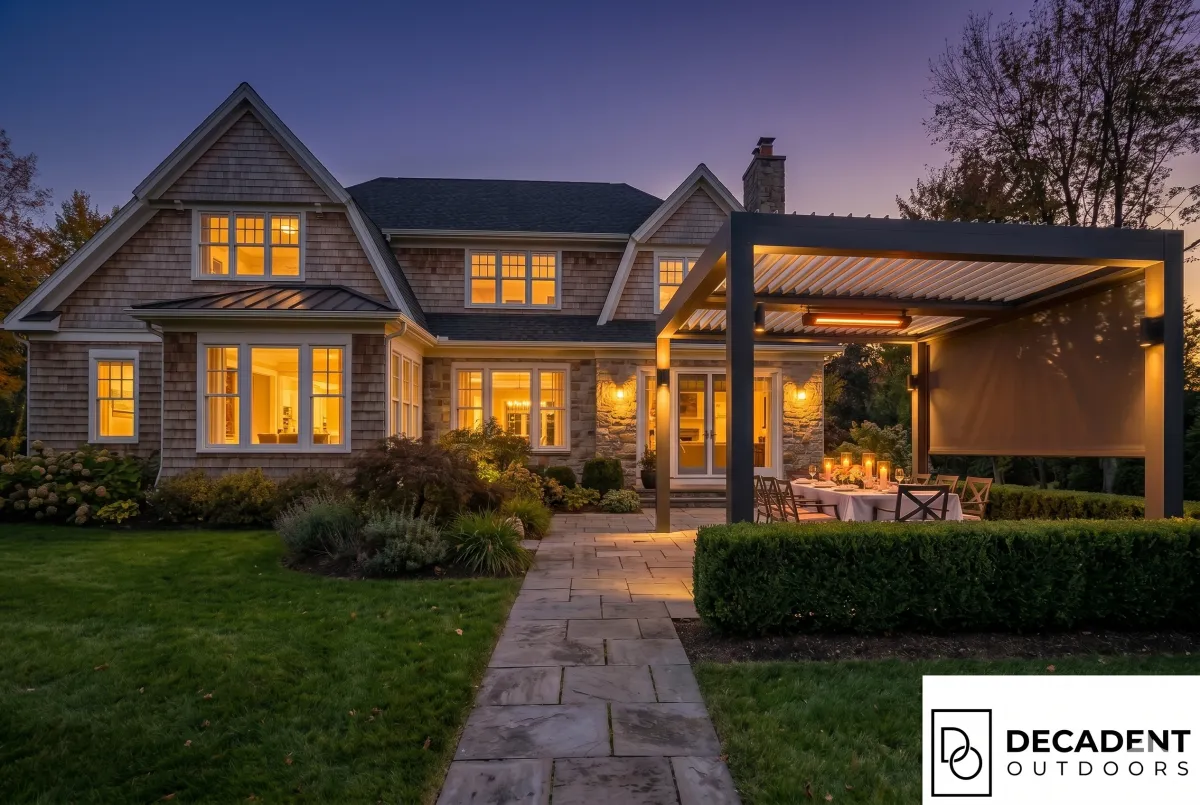 A premium motorized pergola installation at an upscale Saratoga County home — architectural outdoor living structure that adds measurable resale value in the Capital Region property market.