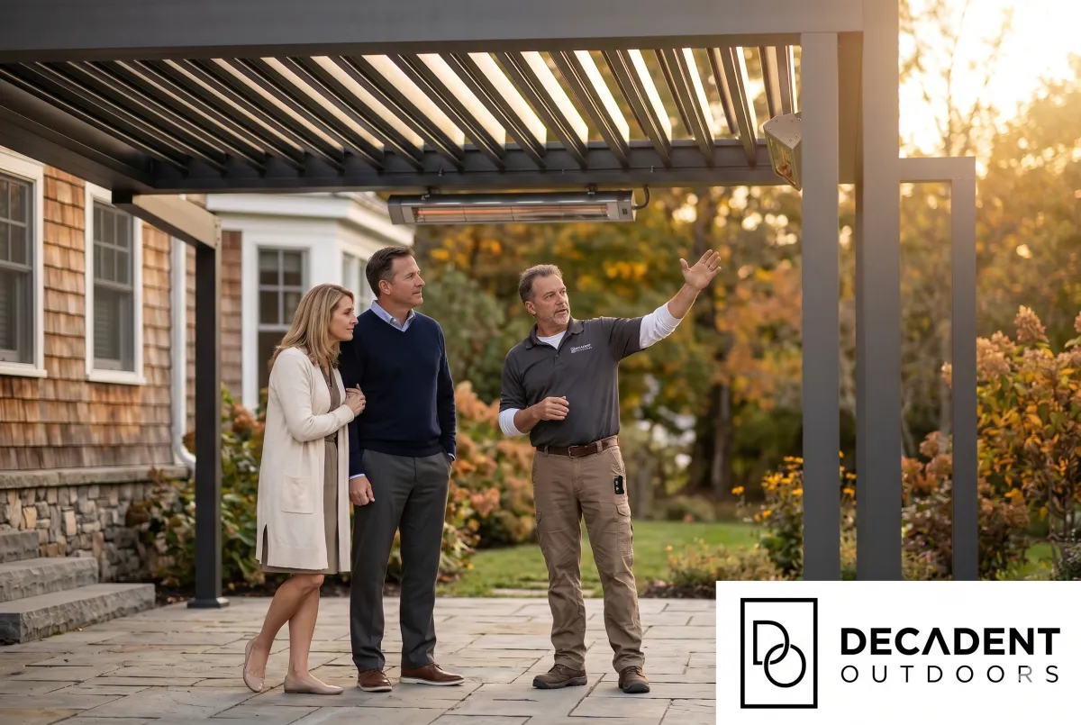 Decadent Outdoors installation team and Jeff Mazzarelli walking a homeowner through a completed motorized pergola installation in the Capital Region — the commissioning walk-through phase of the process.