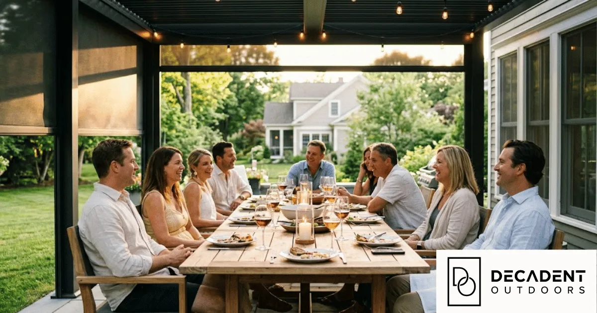 A Capital Region back patio at golden hour with six friends gathered around a long table, motorized screens deployed against early evening bug pressure, the space functioning as a social third place.
