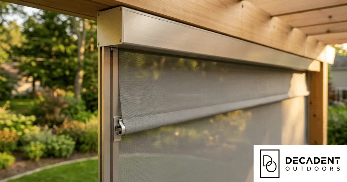 A close-up architectural detail of a OneTrack motorized screen partially deployed, showing the Lock Tight Keder edge captured in the track system, the screen mesh fully tensioned, the engineering visible in the discreet aluminum housing.