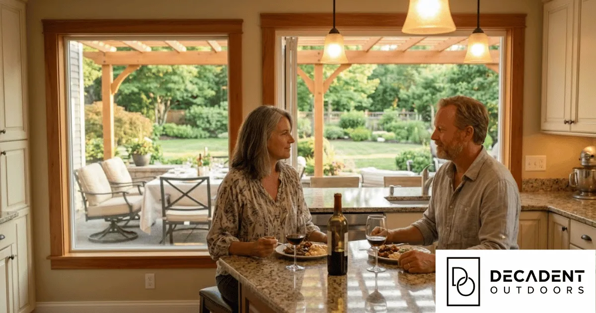 A Capital Region kitchen at 7:30 PM with one couple at the island sharing a quiet dinner together, the back patio visible through the window — empty, beautifully set, never used for the gathering it was built for.