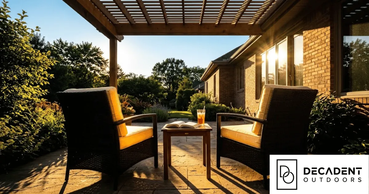 A west-facing Capital Region back patio at 4:45 PM in August with intense slanting sun creating harsh glare across the seating area, the space visibly too hot and bright to use comfortably.