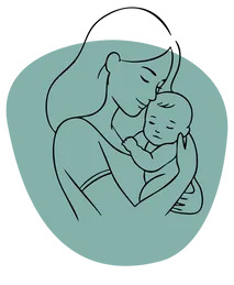 Simple line art depicts a serene mother holding a sleeping baby against a teal background, conveying warmth and tenderness.