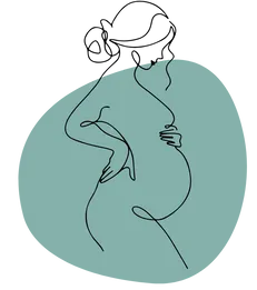 A minimalist line drawing of a pregnant woman in profile. She cradles her belly, set against a muted teal background, conveying calm and expectation.