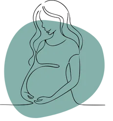 Line art of a smiling pregnant woman holding her belly on a teal background. The illustration conveys warmth and serenity.