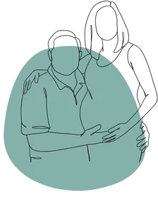 Continuous line drawing of a couple embracing against a muted teal background. The minimalist illustration conveys warmth and intimacy.
