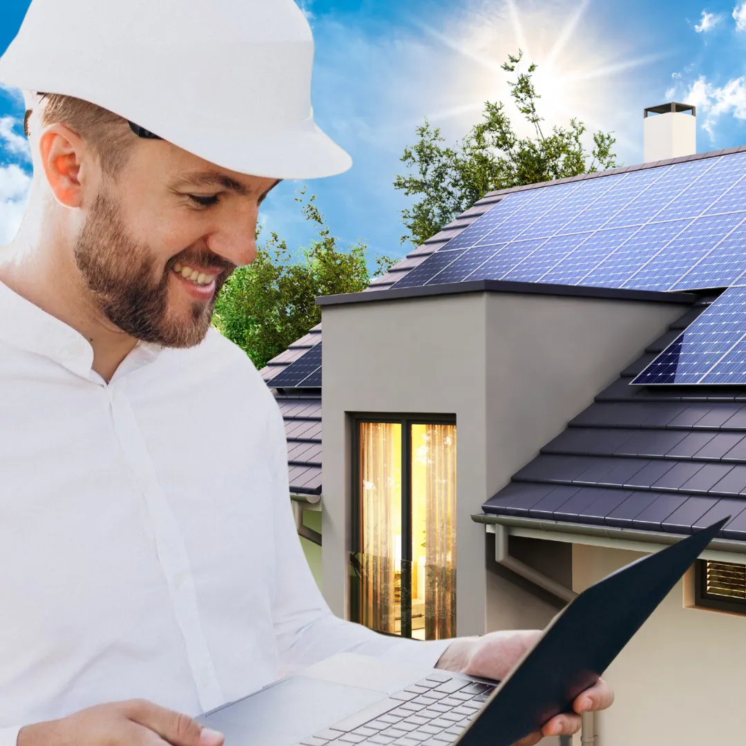 Technician using a tablet to review solar panel data on a rooftop, digital graphs overlay, bright midday light, suburban neighborhood, professional attire, focus on technology and expertise