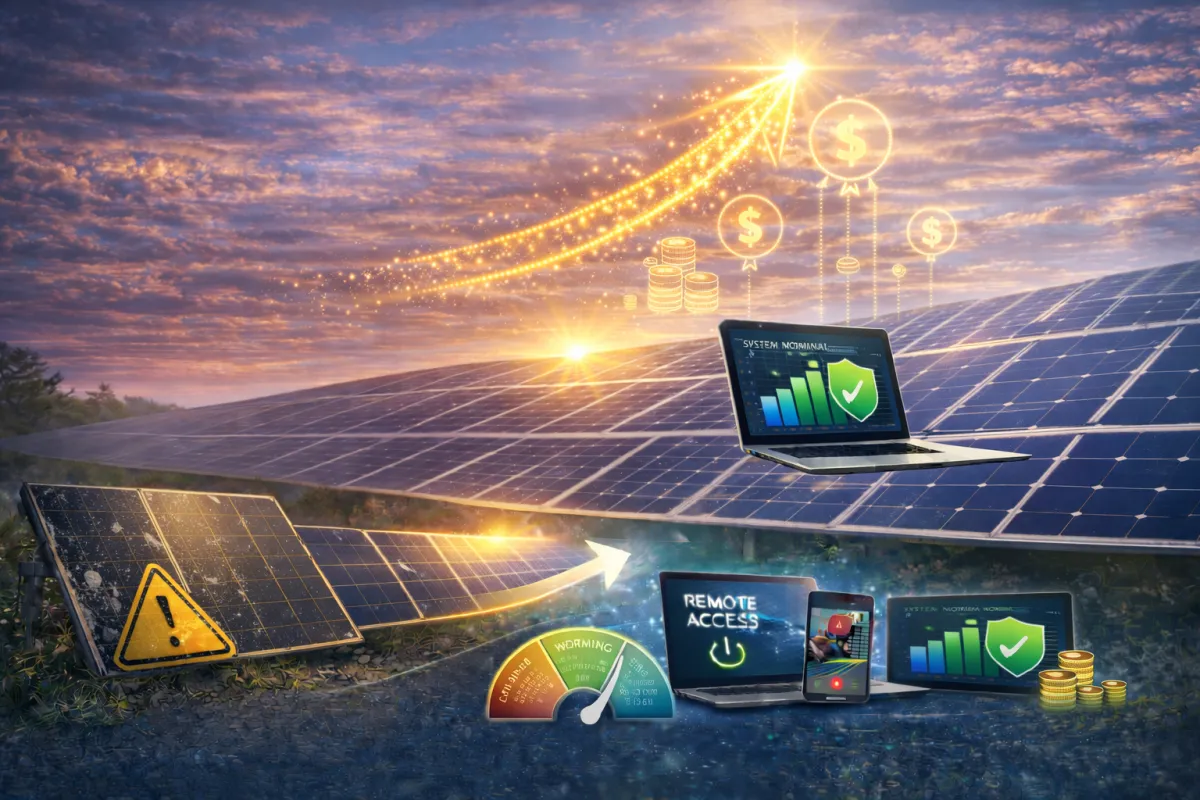 A modern, sunlit home with rooftop solar panels, a family of three (diverse, mid-30s parents and a child) smiling in the foreground, digital monitoring dashboard overlay, clear blue sky, vibrant, optimistic mood