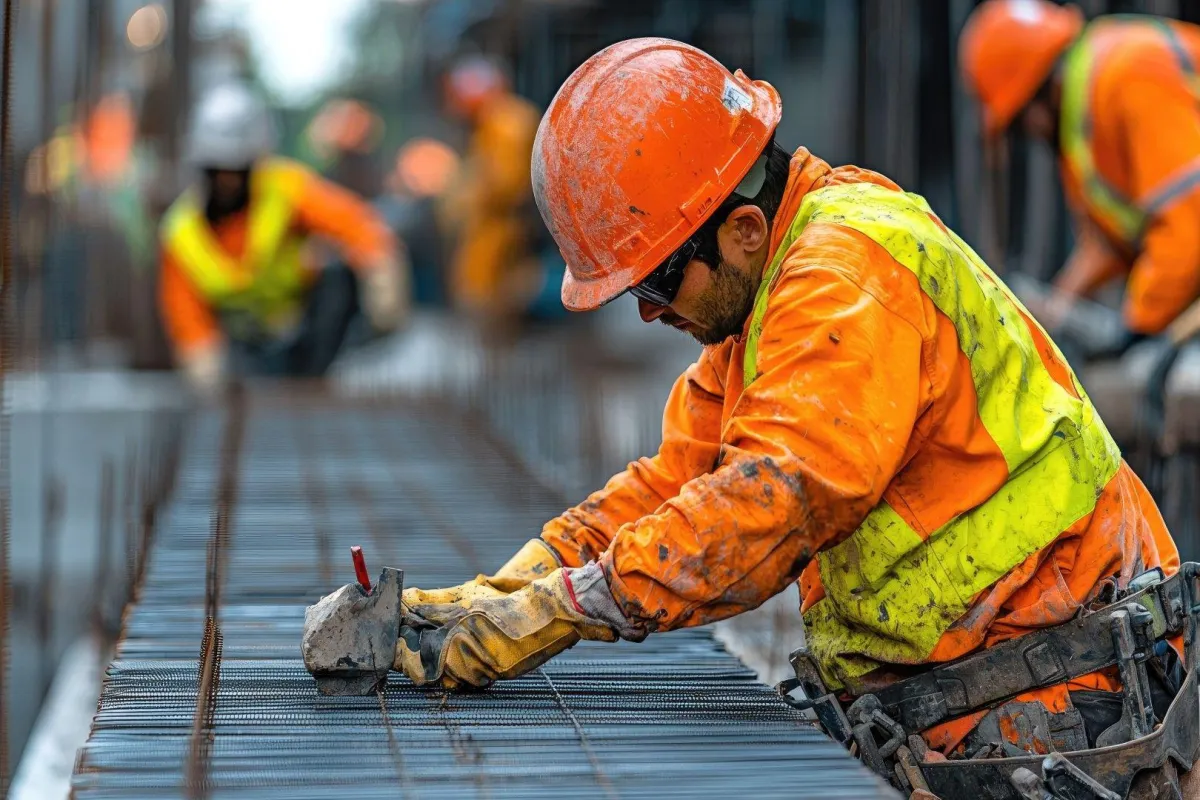 contractors pouring concrete on rebars and using shovel