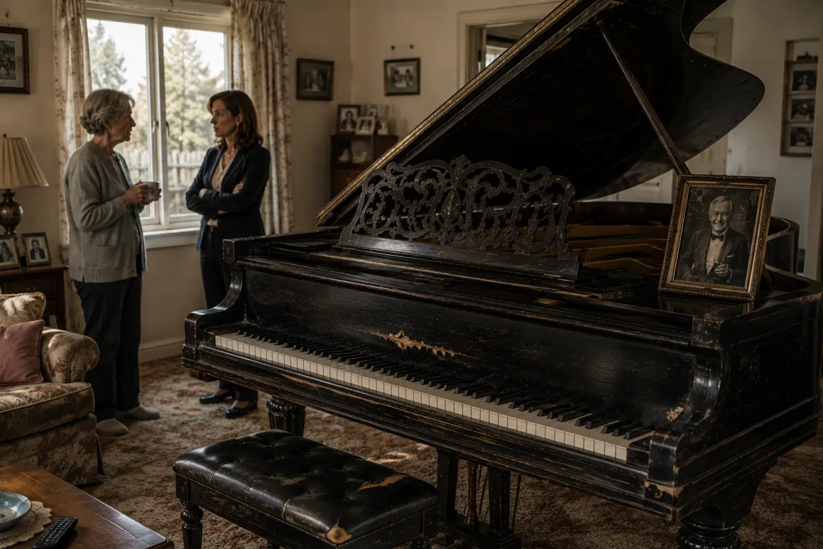 two people looking concerned beside an old grand piano
