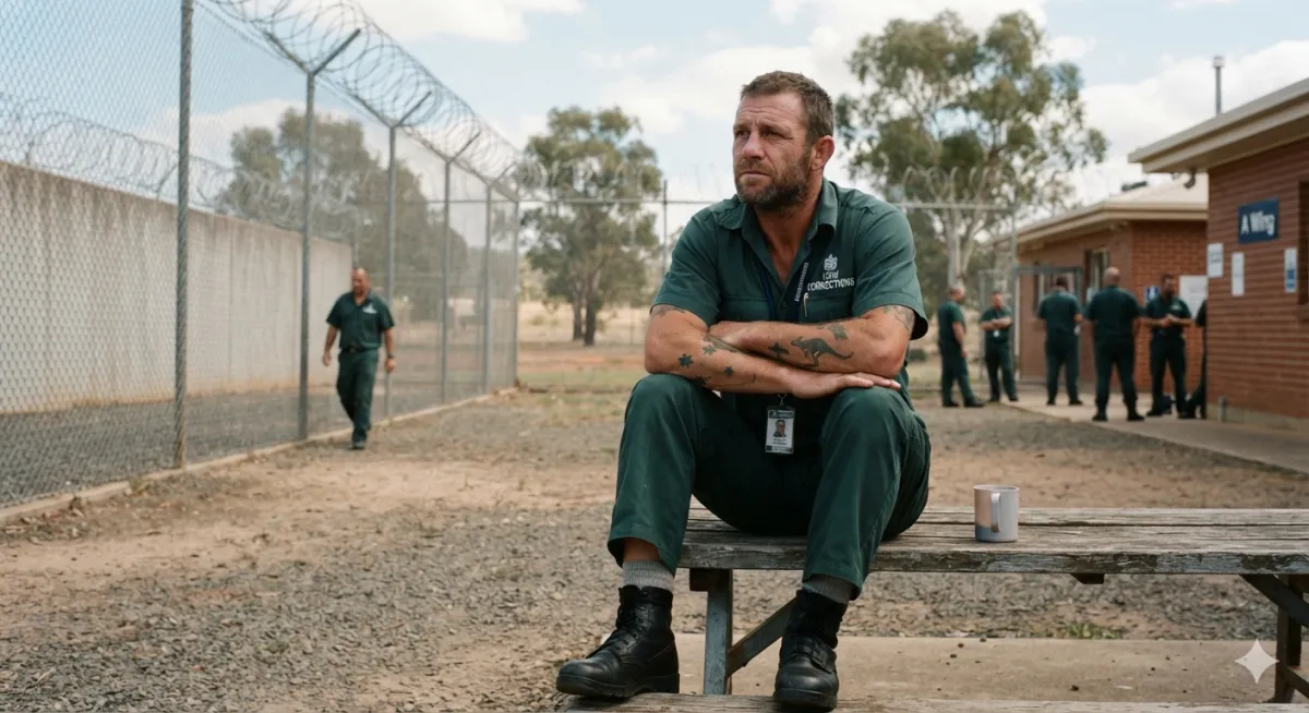 Man sitting on bench table in prison yard looking deep in thought