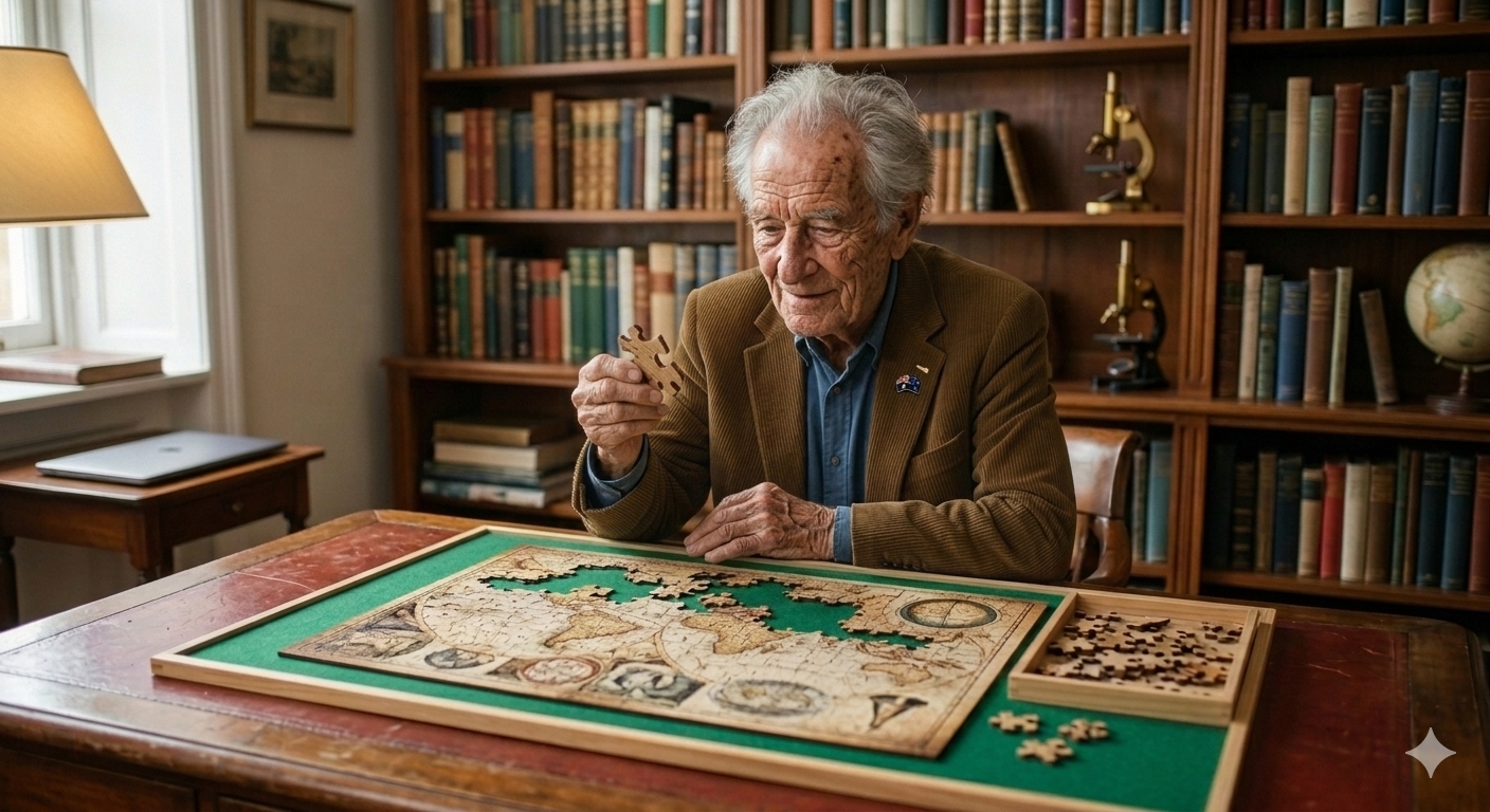 elderly man sitting at desk completing a jigsaw puzzle